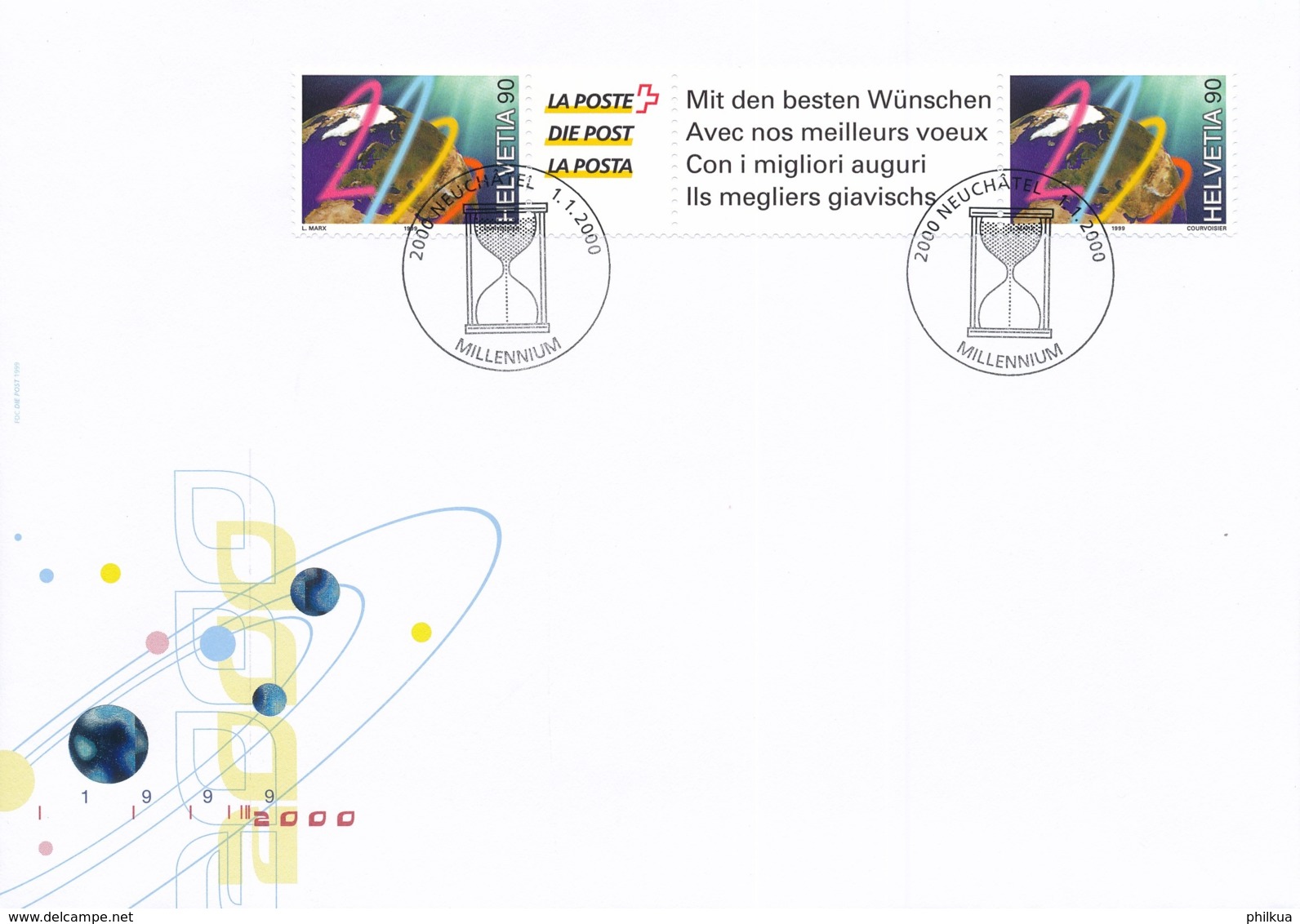 Zumstein S80A / Michel 1706 - Illustrierter Brief Millenium Gestempelt 01.01.2000 Neuchatel - Se-Tenant