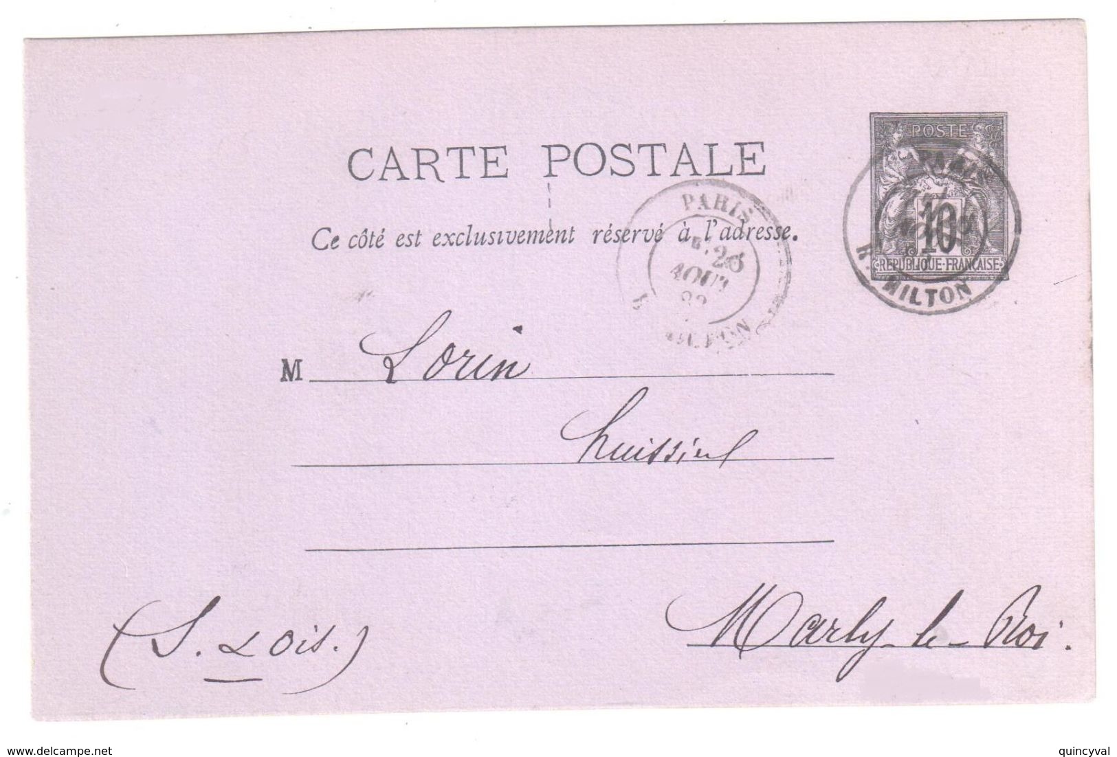 PARIS R. Milton Carte Postale Lilas Dos Blanc Entier 10 C Sage Noir Ob 26 8 1883 Romain D 22 Yv 89-CP2 Storch G4a - Standard Postcards & Stamped On Demand (before 1995)