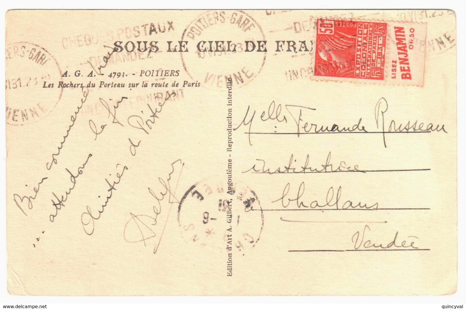 POITIERS Gare Vienne Carte Postale 50c Rouge Fashi De Carnet Avec Bande Pub Benjamin Ob Meca 10 6 1931 Yv 272 - Cartas & Documentos