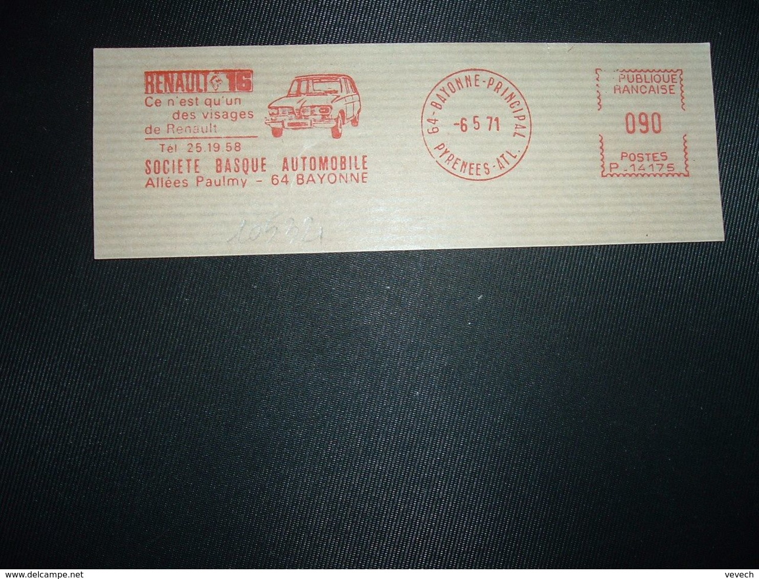 FRAGMENT EMA P 14175 à 090 Du 6-5 71 64 BAYONNE PRINCIPAL PYRENEES ATL. SOCIETE BASQUE AUTOMOBILE + RENAULT 16 - EMA (Empreintes Machines à Affranchir)