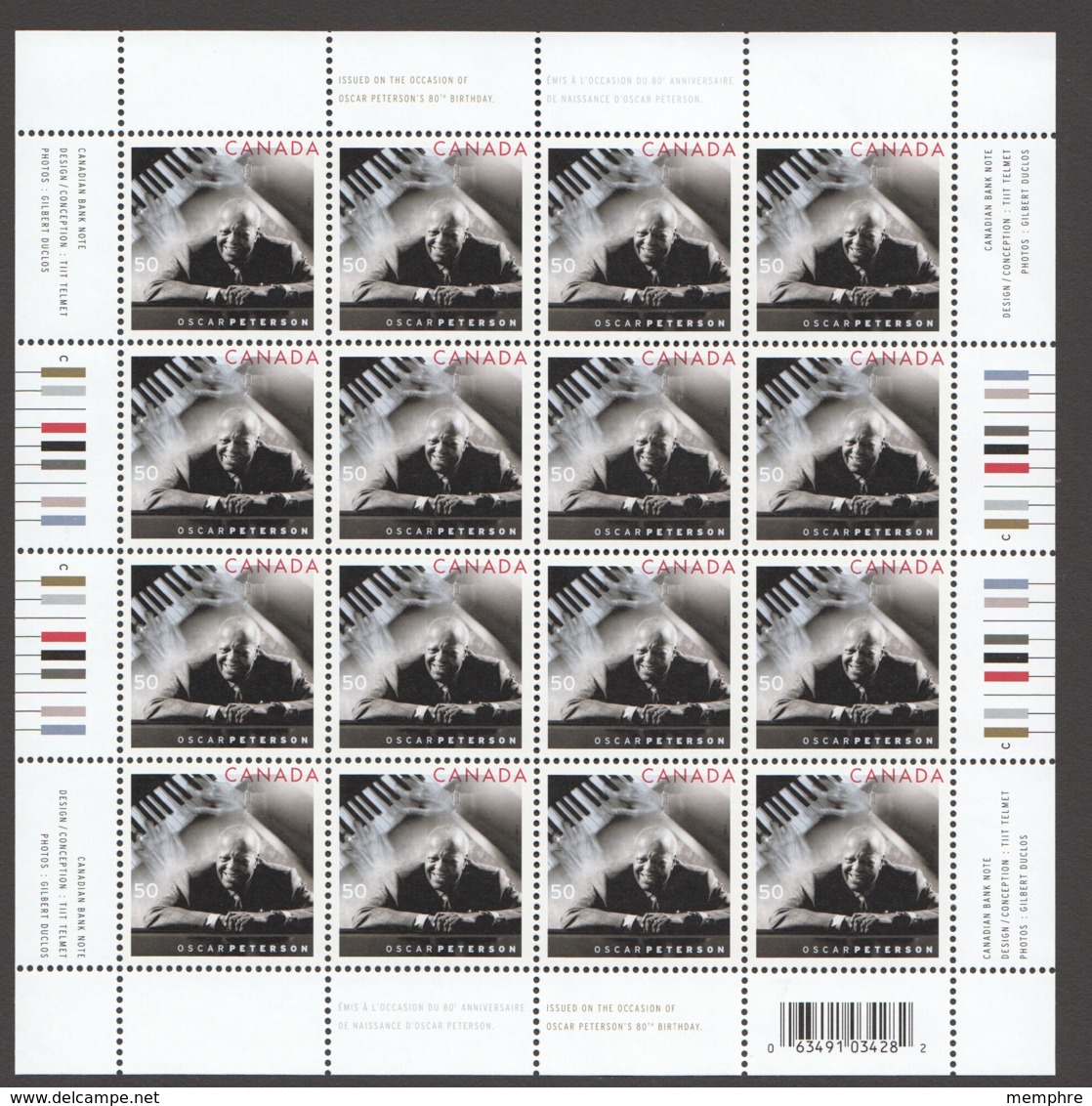 2005   Oscar Perterson, Jazz Pianist  Complete MNH Sheet Of  16  Sc 21118 ** - Full Sheets & Multiples