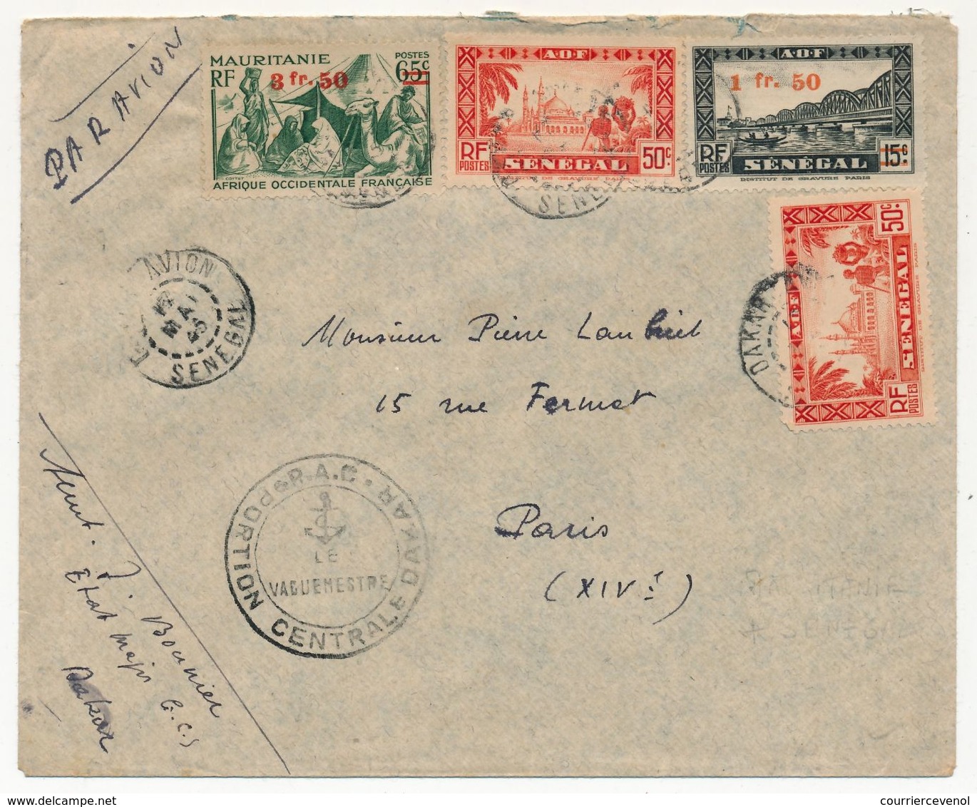 SENEGAL - Enveloppe Affr. Composé Cachet "R.A.C Portion Centrale - Le Vaguemestre" Dakar 1945 - Briefe U. Dokumente