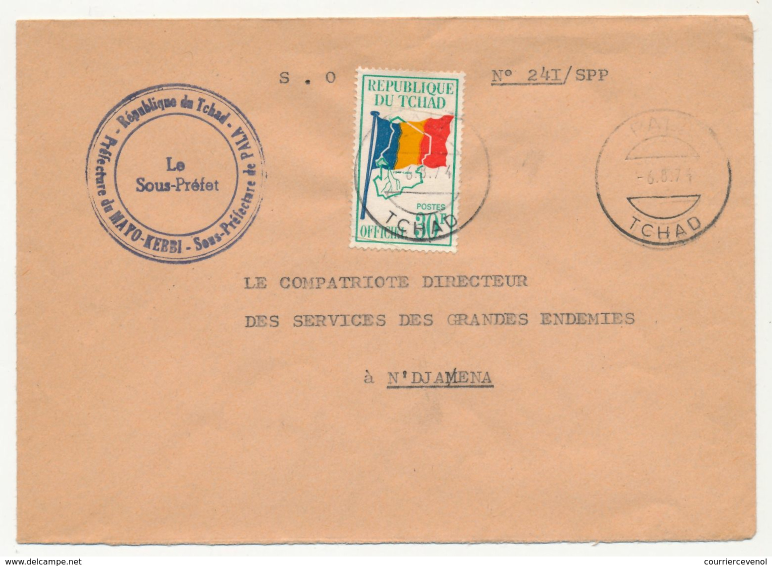 TCHAD - Env. Affr Timbre Officiel 30F - République Du Tchad - Préfecture Du Mayo-Kerbi Sous Préfecture De Pala 1974 - Chad (1960-...)