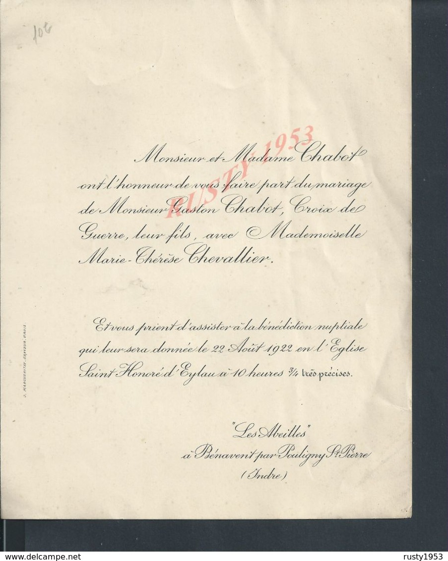 MILITARIA FAIRE PART DE MARIAGE DE GASTON CHABOT CROIX DE GUERRE CHEVALLIER MARIE THÉRÈSE À BÉNAVENT POULIGNY St PIERRE - Mariage