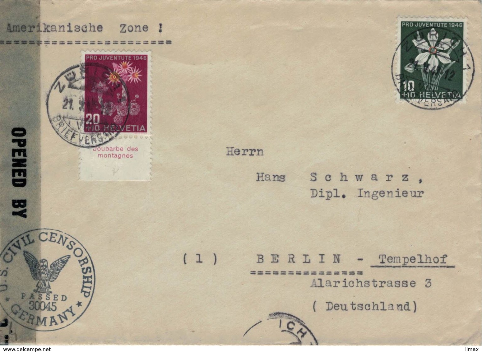 Zürich 1947 Brief Nach Berlin US-Zensur Zivil 30045 - Saxifraga Steinbrech Mit Allonge - Narzisse Osterglocke - Storia Postale