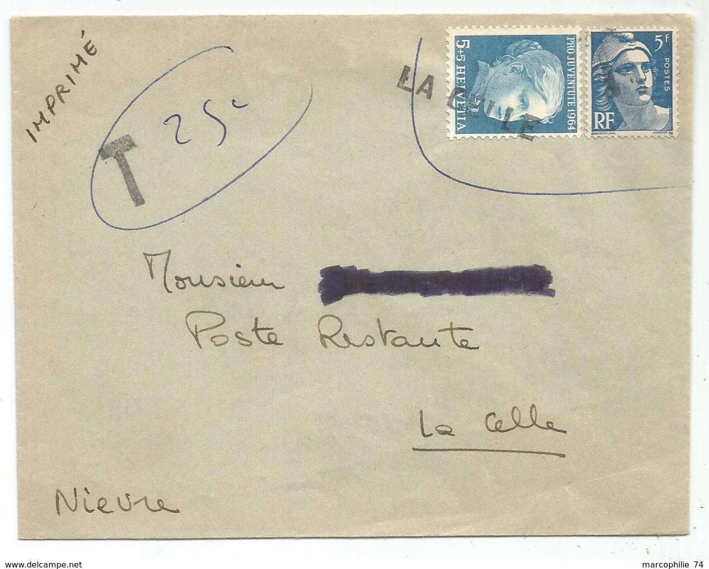 GANDON 5FR BLEU  MIXTE TIMBRE SUISSE 5C ANNULATION GRIFFE LA CELLE EN ARRIVEE - 1945-54 Marianne (Gandon)