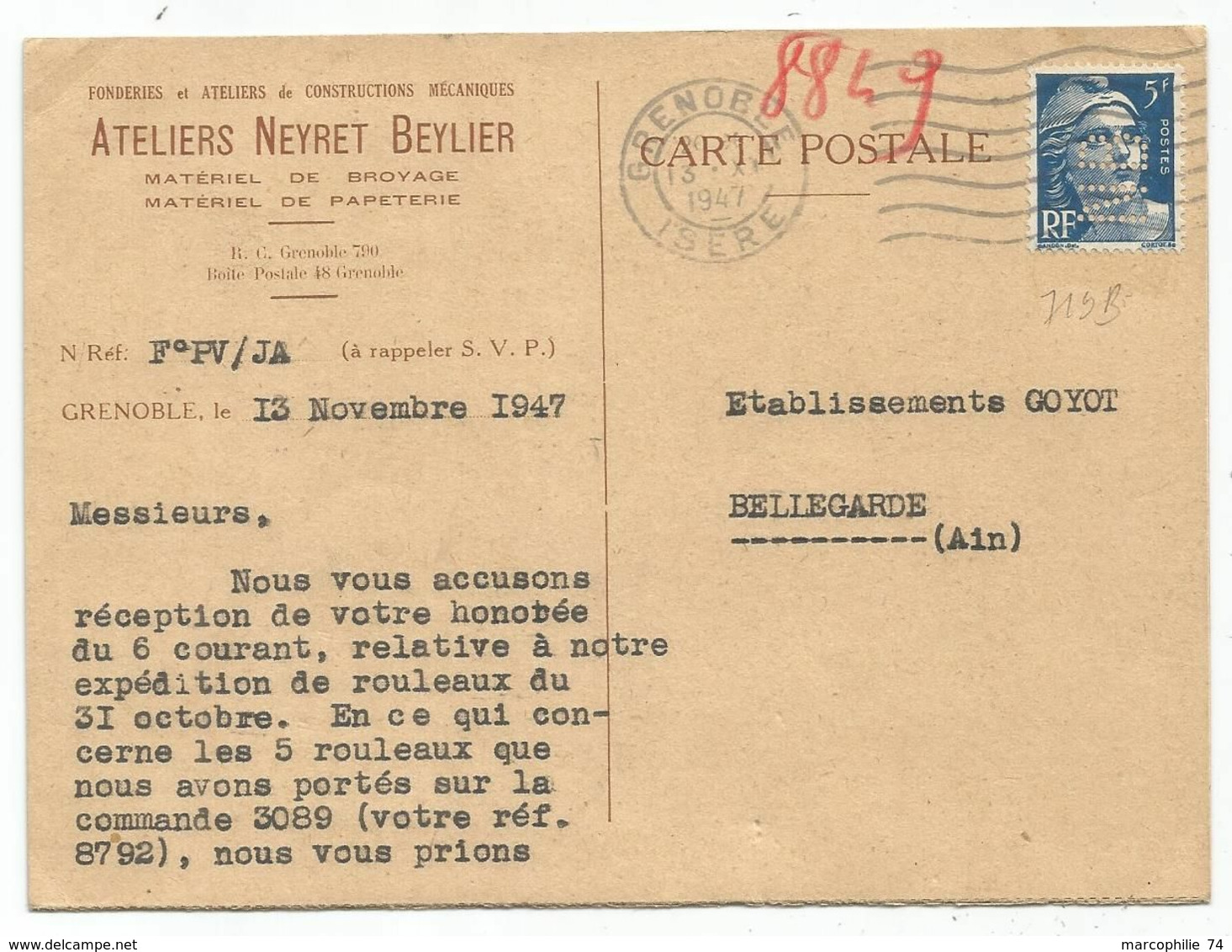 5FR GANDON BLEU SEUL PERFORE NB CARTE PRIVEE ATELIERS NEYRET BEYLIER GRENOBLE ISERE 13.XI.1947 - 1941-66 Stemmi E Stendardi