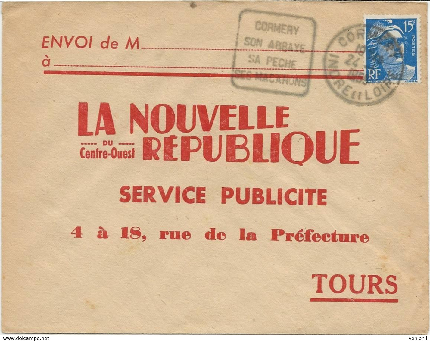 LETTRE OBLITERATION DAGUIN- CORMERY -SON ABBAYE -SA PECHE -SES MACARONS- INDRE ET LOIRE 1955 - Mechanical Postmarks (Other)
