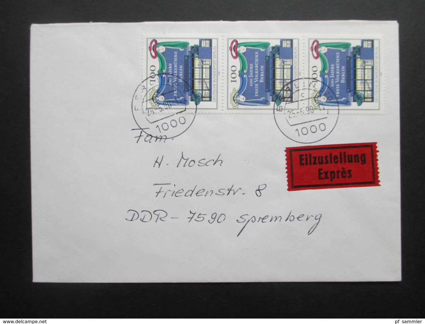 Berlin 1990 Nr. 866 (3) MeF Eilzustellung / Eilbrief Von Berlin Nach Spremberg Mit Ank. Stempel (Sorbischer Stempel) - Covers & Documents