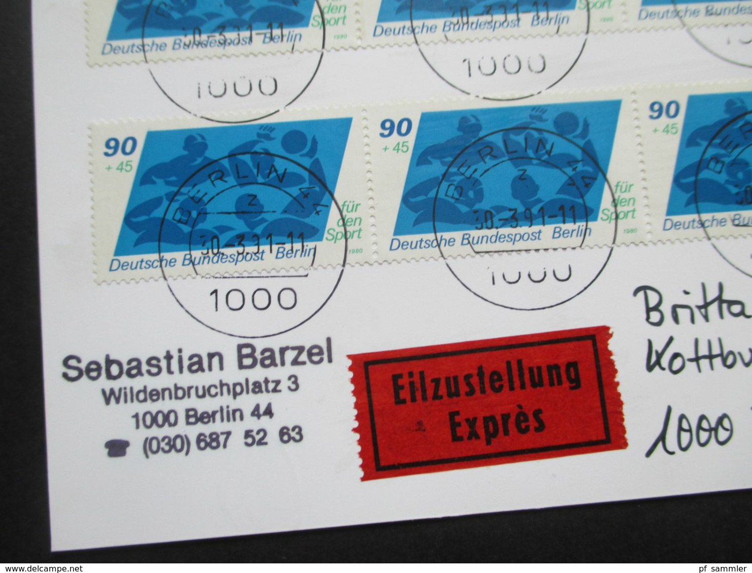 Berlin 1980 Sporthilfe Nr. 623 (6) MeF Eilzustellung Expres Berlin Ortsbrief / Orts PK Verwendet 1991 - Storia Postale