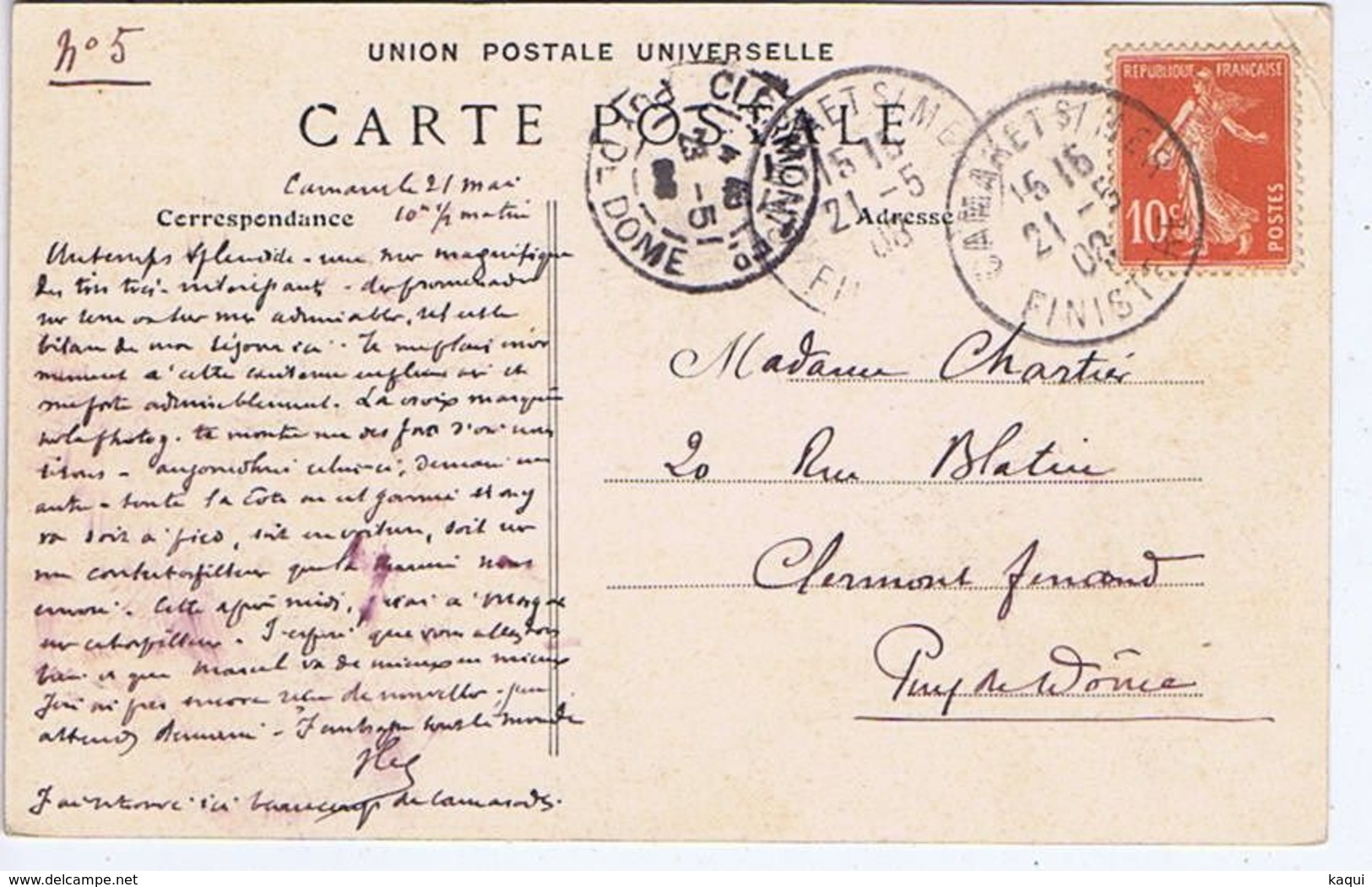 FINISTERE - Cachet Manuel CAMARET S/ MER Du 21 -5  08 Et Cachet CLERMONT-FD - Matasellos Manuales