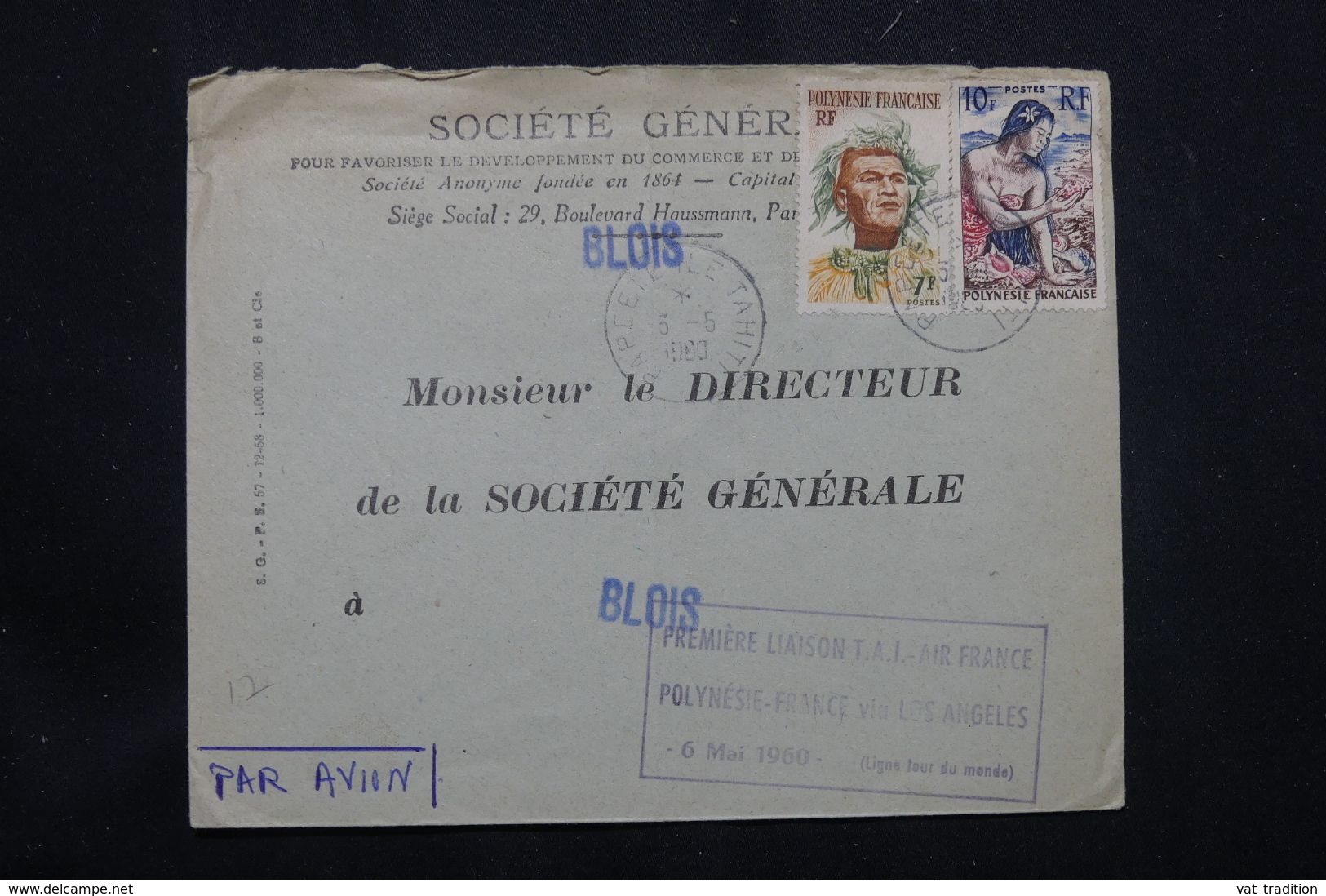 POLYNÉSIE - Enveloppe Commerciale Par 1ère Liaison T.A.I. Polynésie / France Via Los Angeles En 1960  - L 64870 - Cartas & Documentos