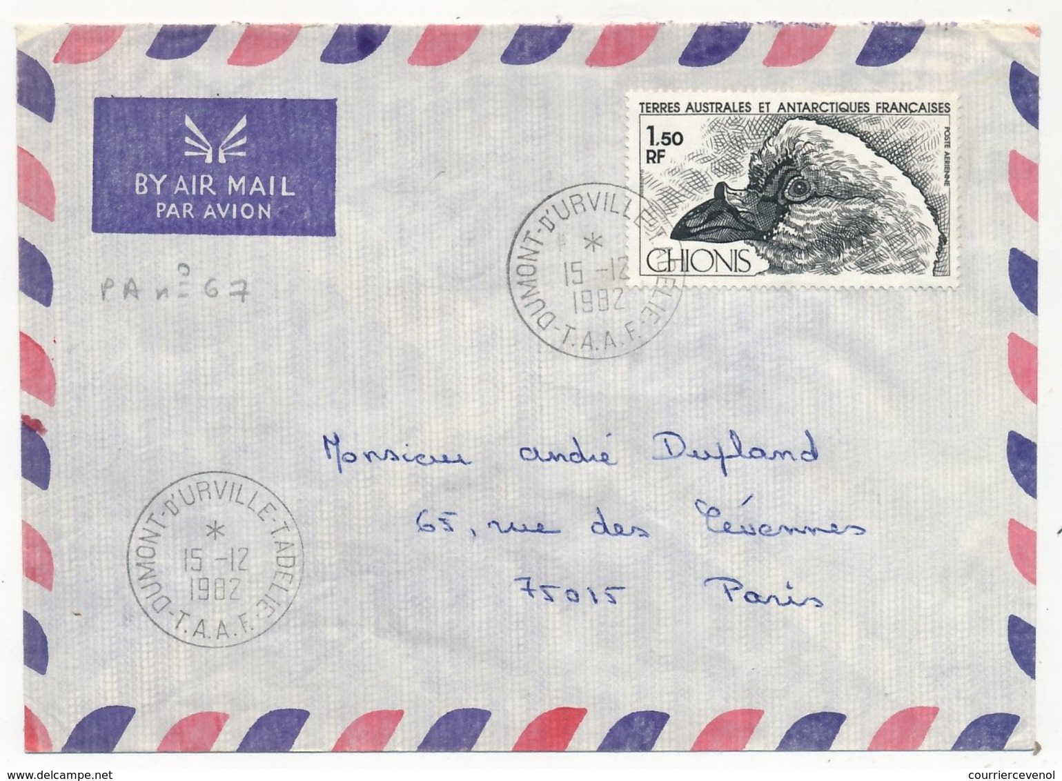 TAAF - Env. Affr 1,00 Chionis - Dumont D'Urville T Adélie 15/12/1982 - Covers & Documents