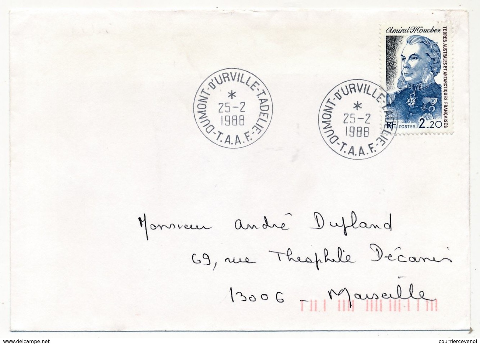 TAAF - Enveloppe Affr 2,20 Amiral Mouchez, Cad "Dumont Durville T.Adélie - 25/2/1988 - Storia Postale