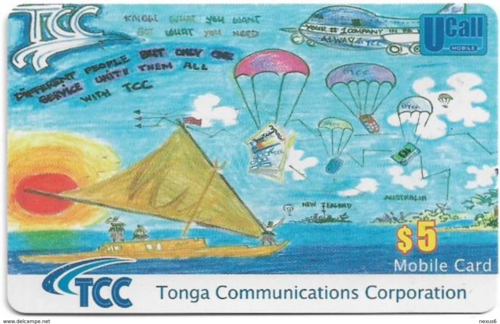 Tonga - TCC - Boat & Parachutes (Yellow FV) Exp. 31.12.2010, GSM Refill 5$, Used - Tonga