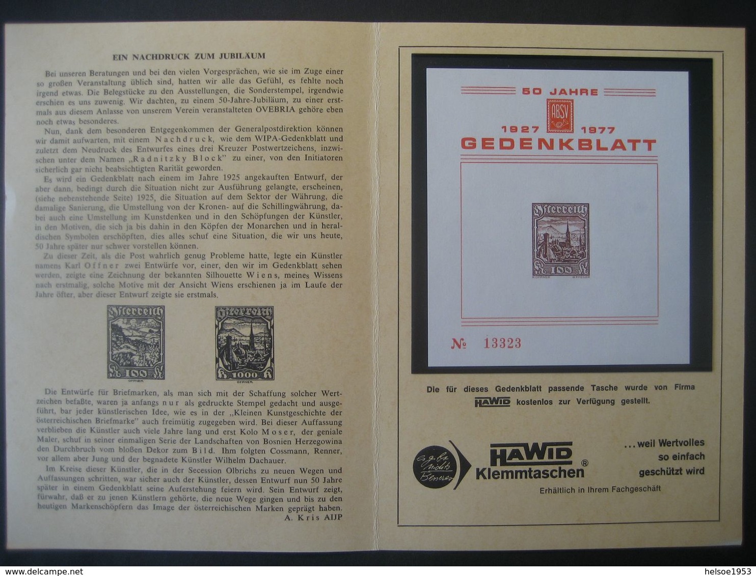 Österreich 1977- Gedenkblatt 50 Jahre ABSV Nr. 13323 - Proofs & Reprints
