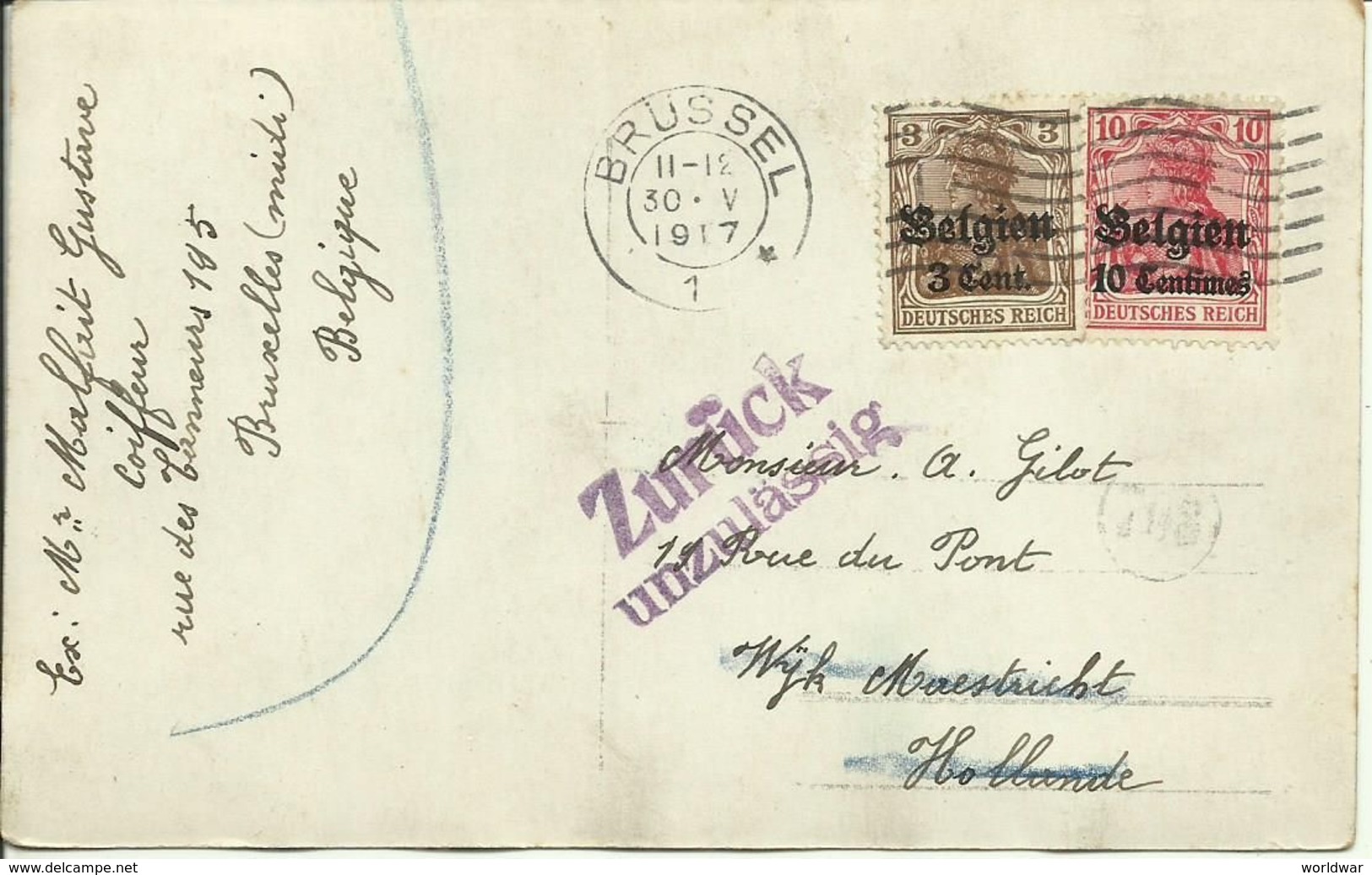 1917 Kaart Van Brüssel Naar Maastricht   Stempel Zurück Unzulässig - OC1/25 Gouvernement Général