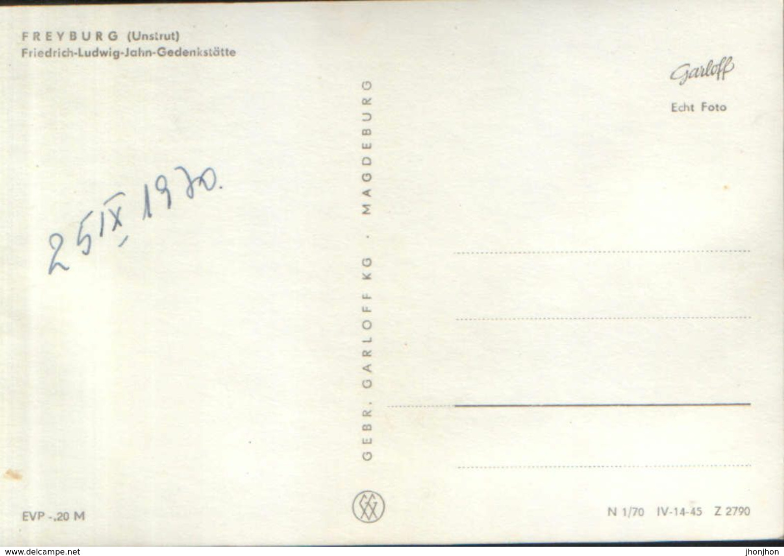 Germany - Postcard Written 1970 - Freyburg(Unstrut) -  Friedrich Ludwig Jahn Memorial  - 2/scans - Freyburg A. D. Unstrut