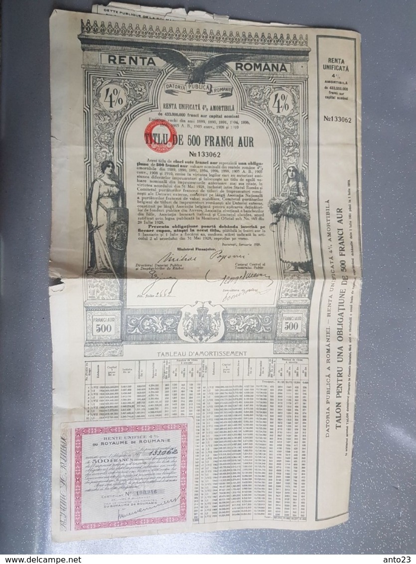 Renta Romana  Datoria Publica A Romaniei Titlu De Lei 500 Francs 1929 - Banque  Dette Roumaine - Bank & Insurance