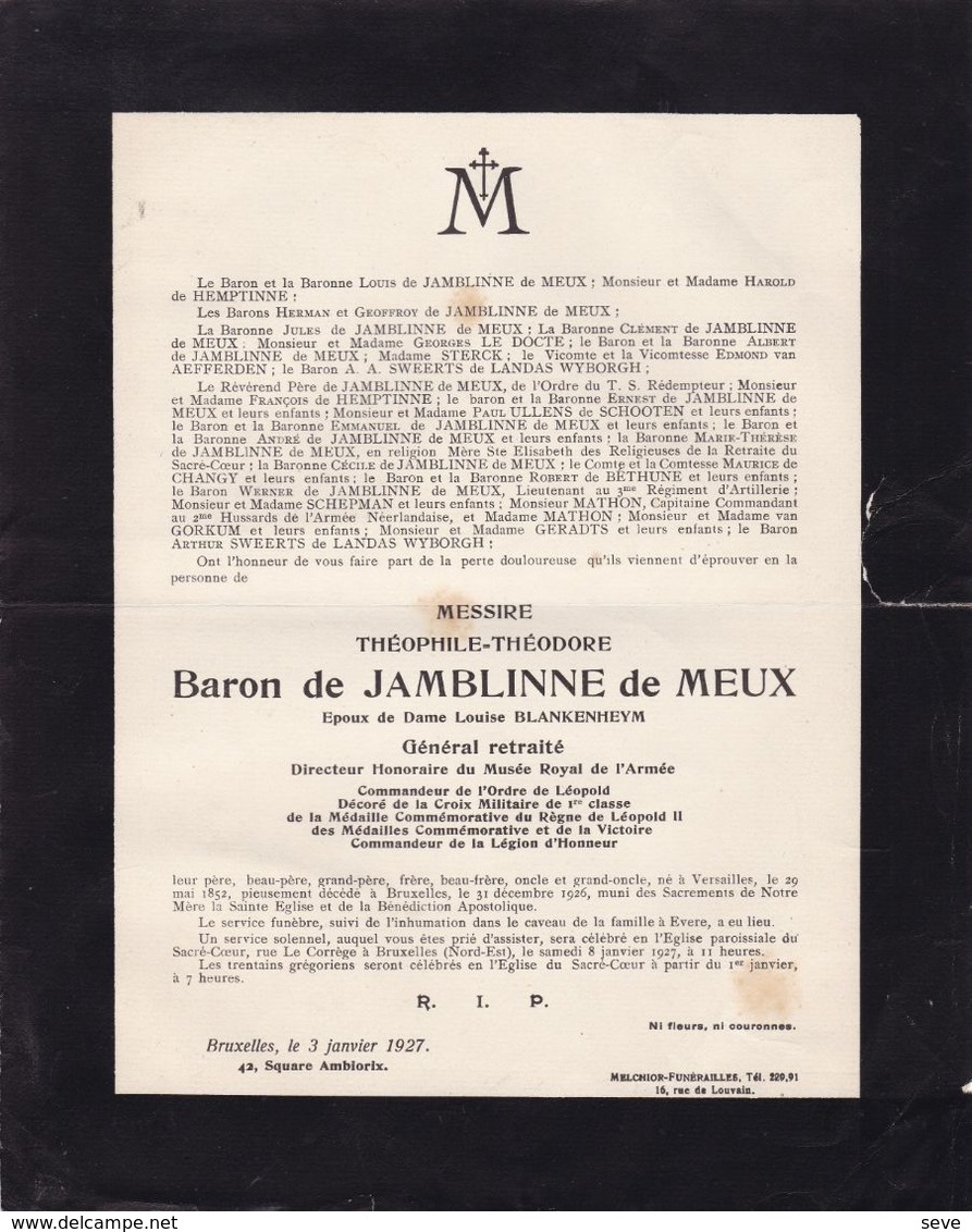 VERSAILLES BRUXELLES Baron De JAMBLINNE De MEUX Théophile Général Retraité Directeur Musée De L'Armée 1926 Déchiré - Avvisi Di Necrologio