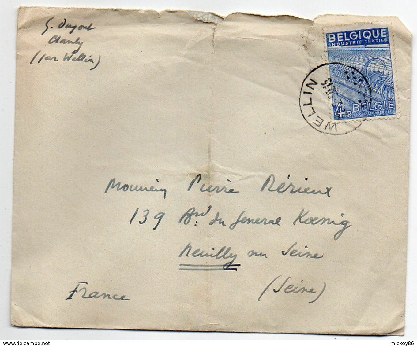 Belgique -1950--Lettre De WELLIN Pour NEUILLY / SEINE--92 (France)- Timbre Seul Sur Lettre..cachet - Lettres & Documents