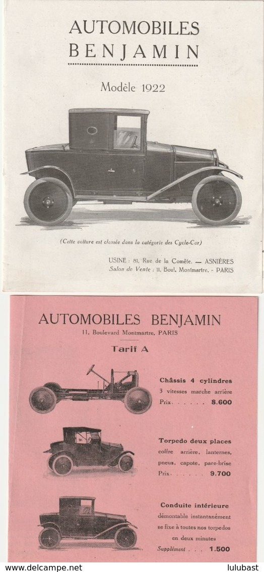 Tryptique Publicitaire Pour L'automobile BENJAMIN, Usine D'Asnières. + Tarifs Et Croquis Du Bloc-moteur. (TTB) - KFZ