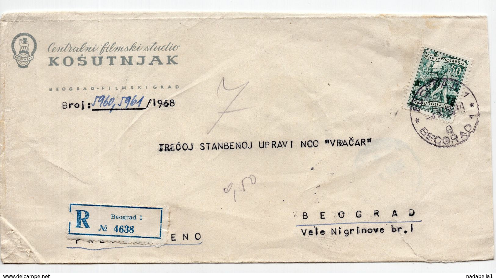 1958 YUGOSLAVIA, SERBIA, BELGRADE LOCAL, REGISTERED COVER, MOVIES, CENTRAL FILM STUDIO KOSUTNJAK - Storia Postale