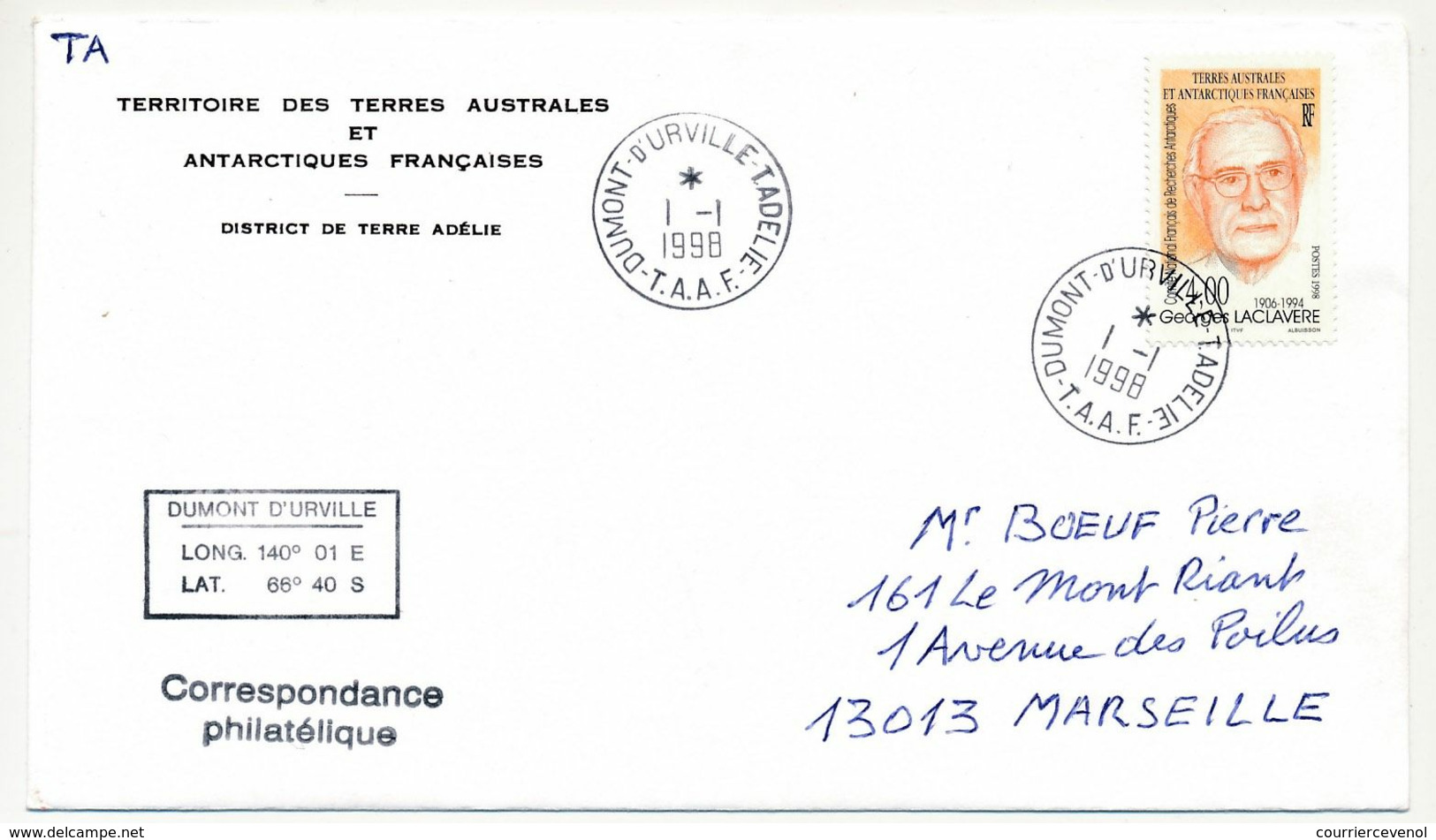 TAAF - Env. Affr 4,00 Georges Laclavère - Dumont D'Urville T.Adélie - 1/1/1998 - Lettres & Documents