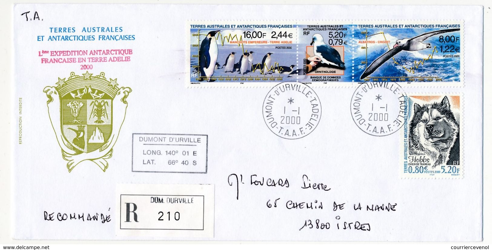 TAAF - Env. Affr Triptyque Manchots Empereur + Albatros - Dumont D'Urville T.Adélie - 1/1/2000 + Lème Expédition - Lettres & Documents