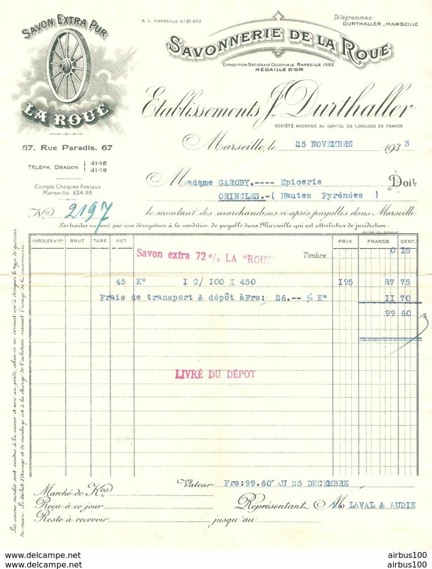 FACTURE 1933 Éts DURTHALLER MARSEILLE SAVONNERIE DE LA ROUE SAVON LA ROUE - Droguerie & Parfumerie