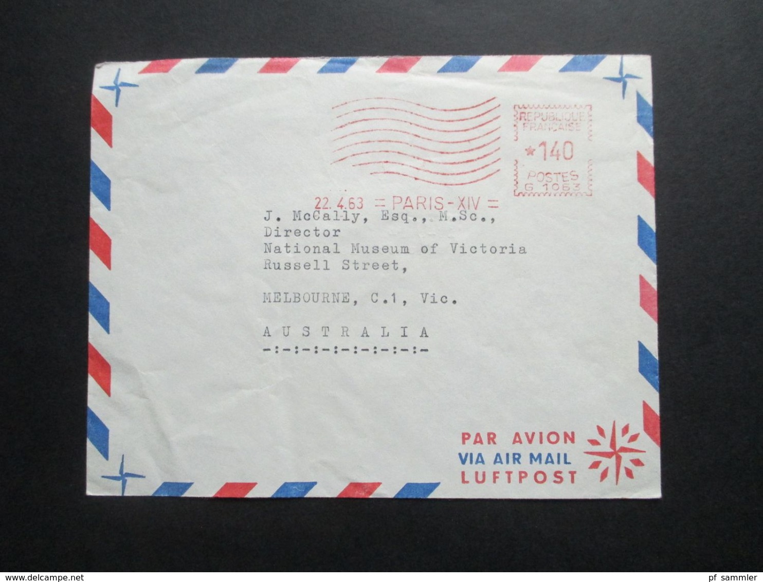 Freistempel 1963 Paris - Melbourne Luftpost Absender Centre D'Etudes Nucleaires De Saclay - Cartas & Documentos