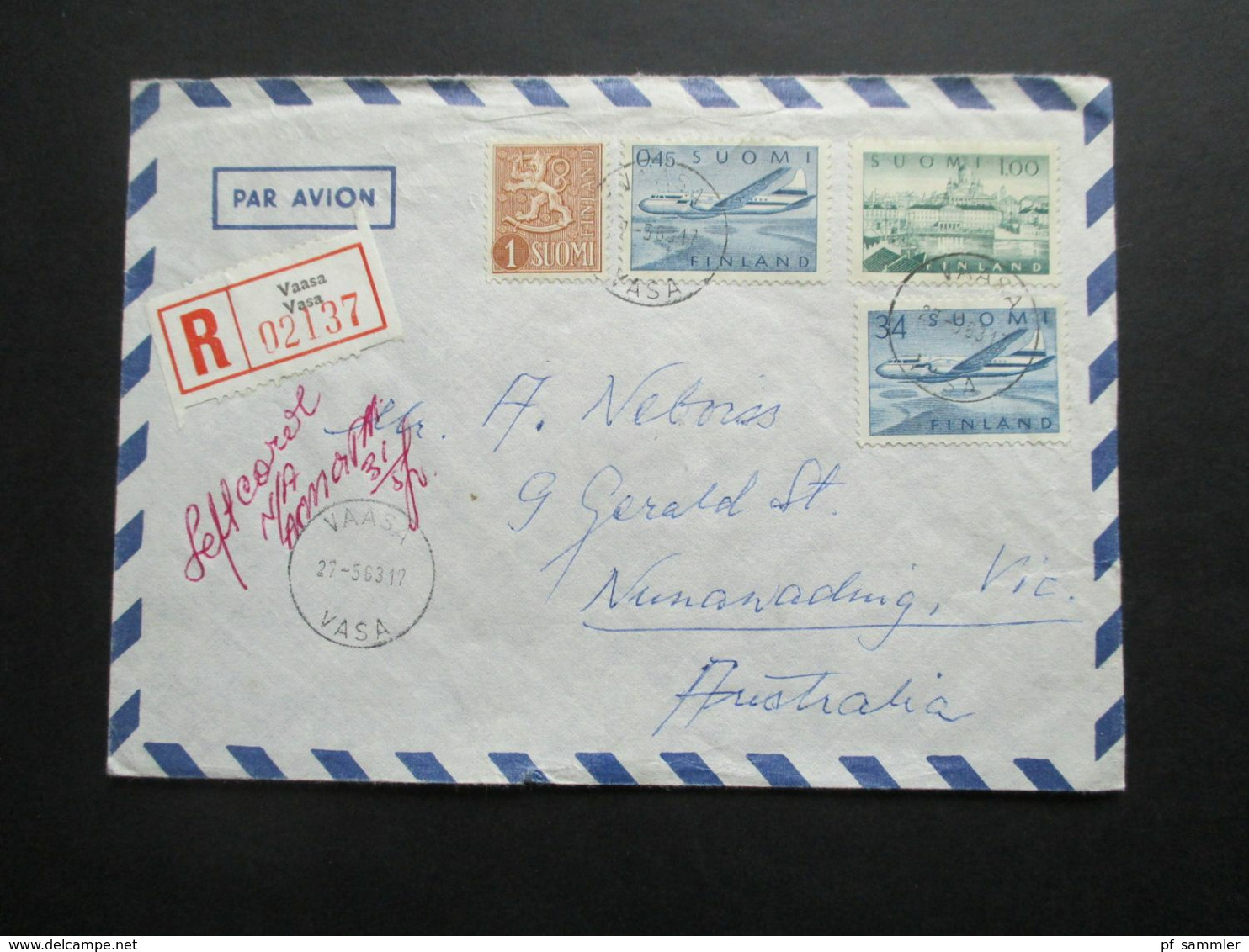 Finnland 1963 Luftpost Par Avion Einschreiben Vaasa Nach Australien Mit 2 Ank. Stempel - Covers & Documents