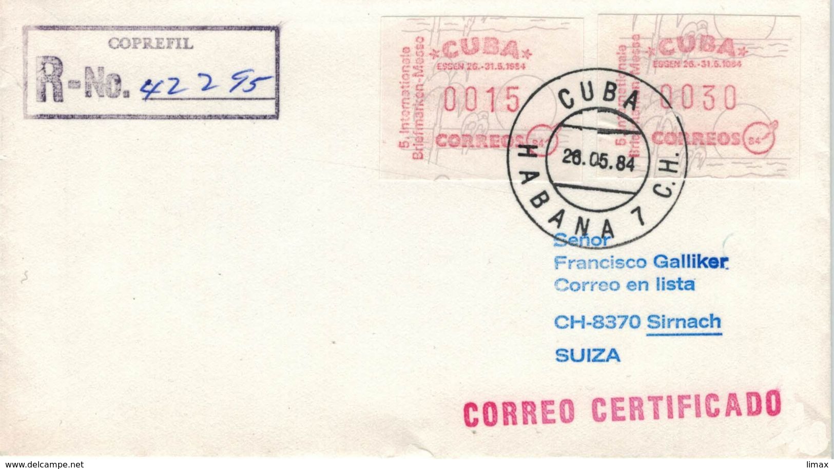 Kuba ATM 1984 Habana - R-Brief Nach Sirnach (rsA) - Viñetas De Franqueo (Frama)