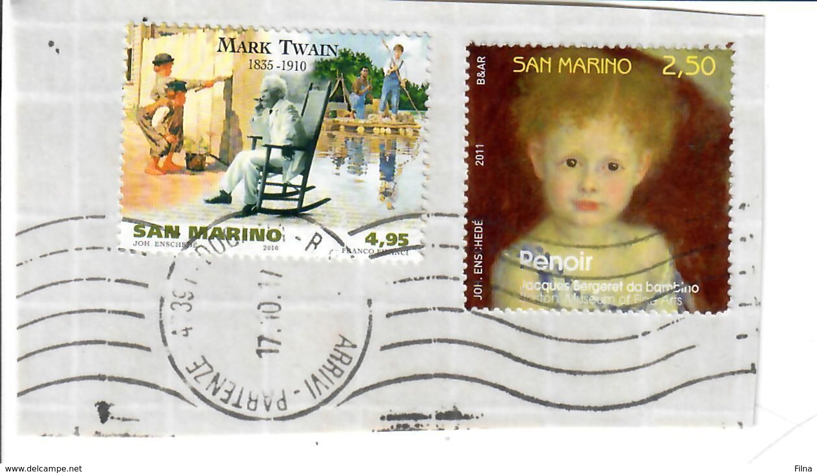 SAN MARINO  2010 2011  - MARK TWAIN E RENOIR - 2 VALORI USATI  SU FRAMMENTO - Used Stamps
