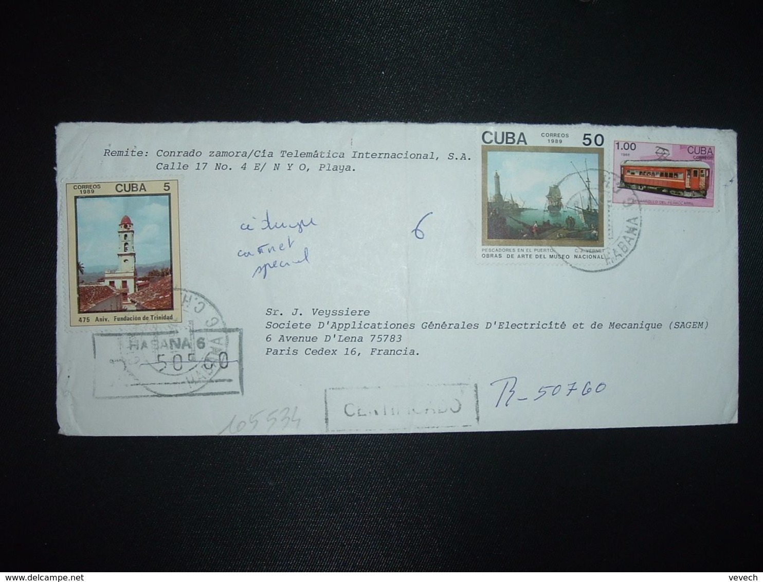 LR Pour La FRANCE TP TRAIN WAGON 1 00 + VERNET 50 + TRINIDAD 5 OBL.19-12 89 - Lettres & Documents