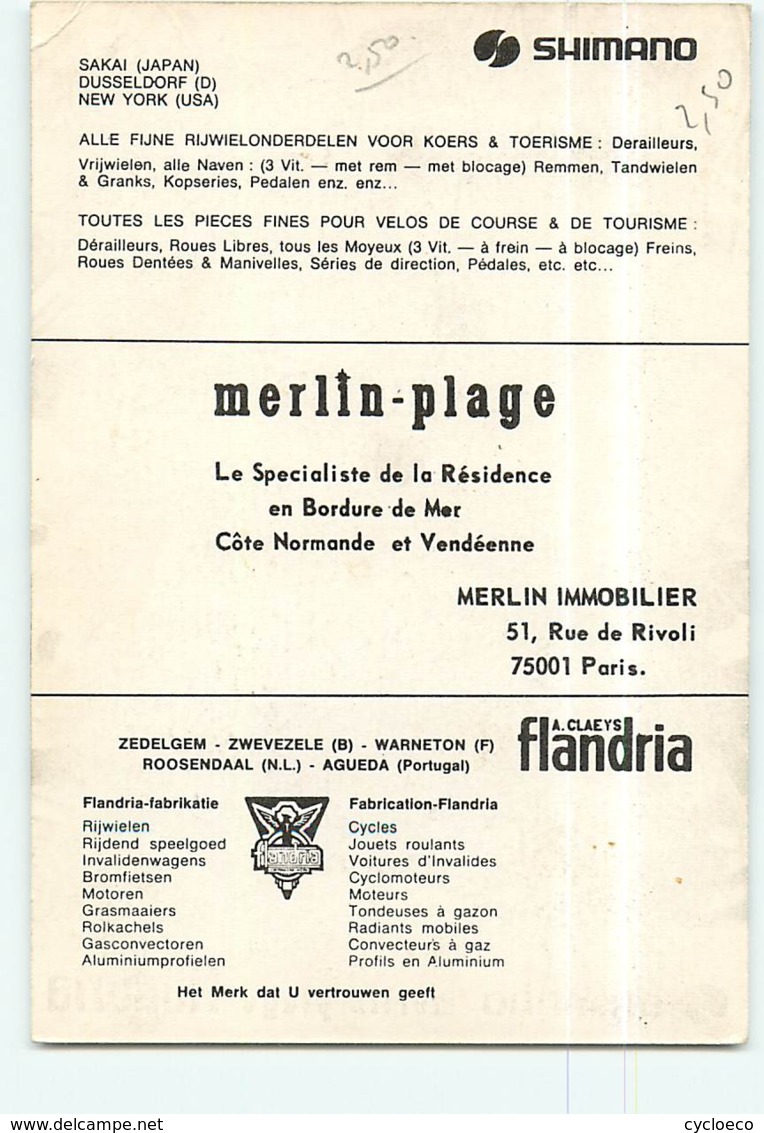 Fernand BRUGGEMAN , Autographe Manuscrit, Dédicace . 2 Scans. Cyclisme. Shimano Merlin Plage Flandria 1974 - Ciclismo