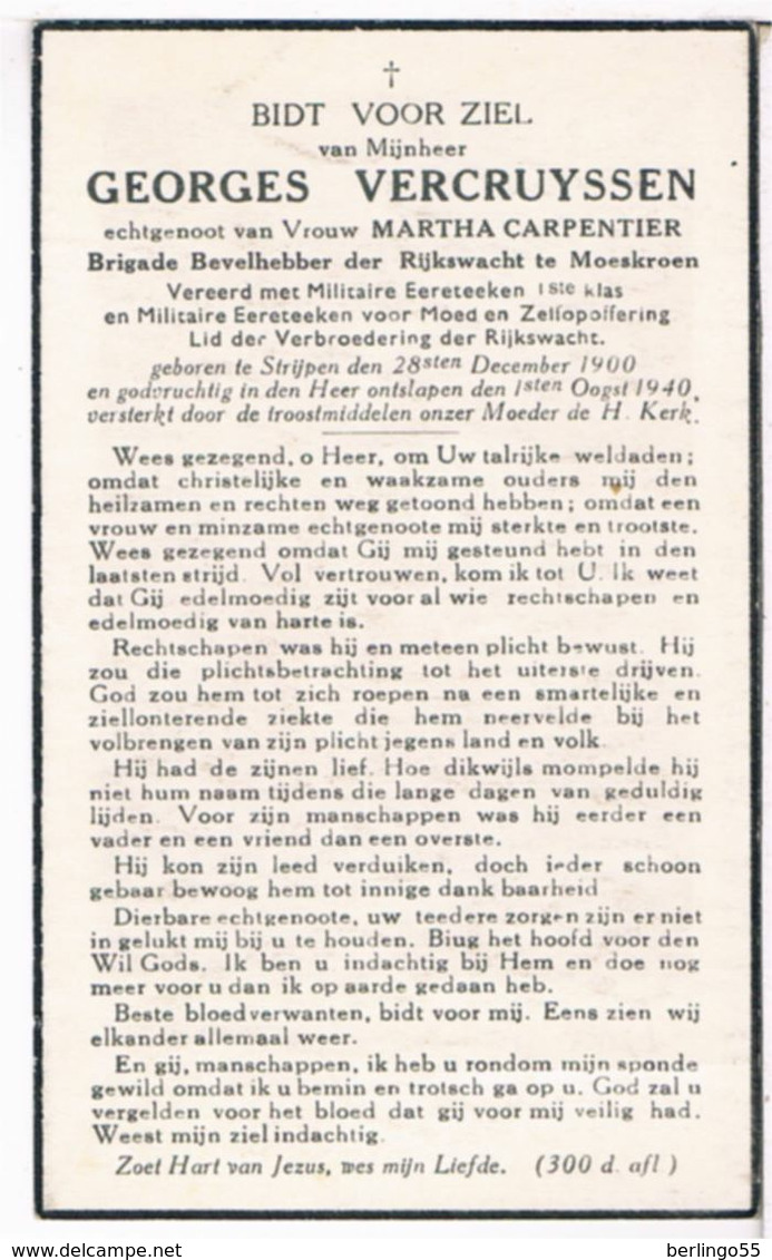 Dp. Oorlog. Rijkswachter Te Moeskroen.Vercruyssen Georges ° Strijpen 1900 † .......1940 - Religion & Esotérisme