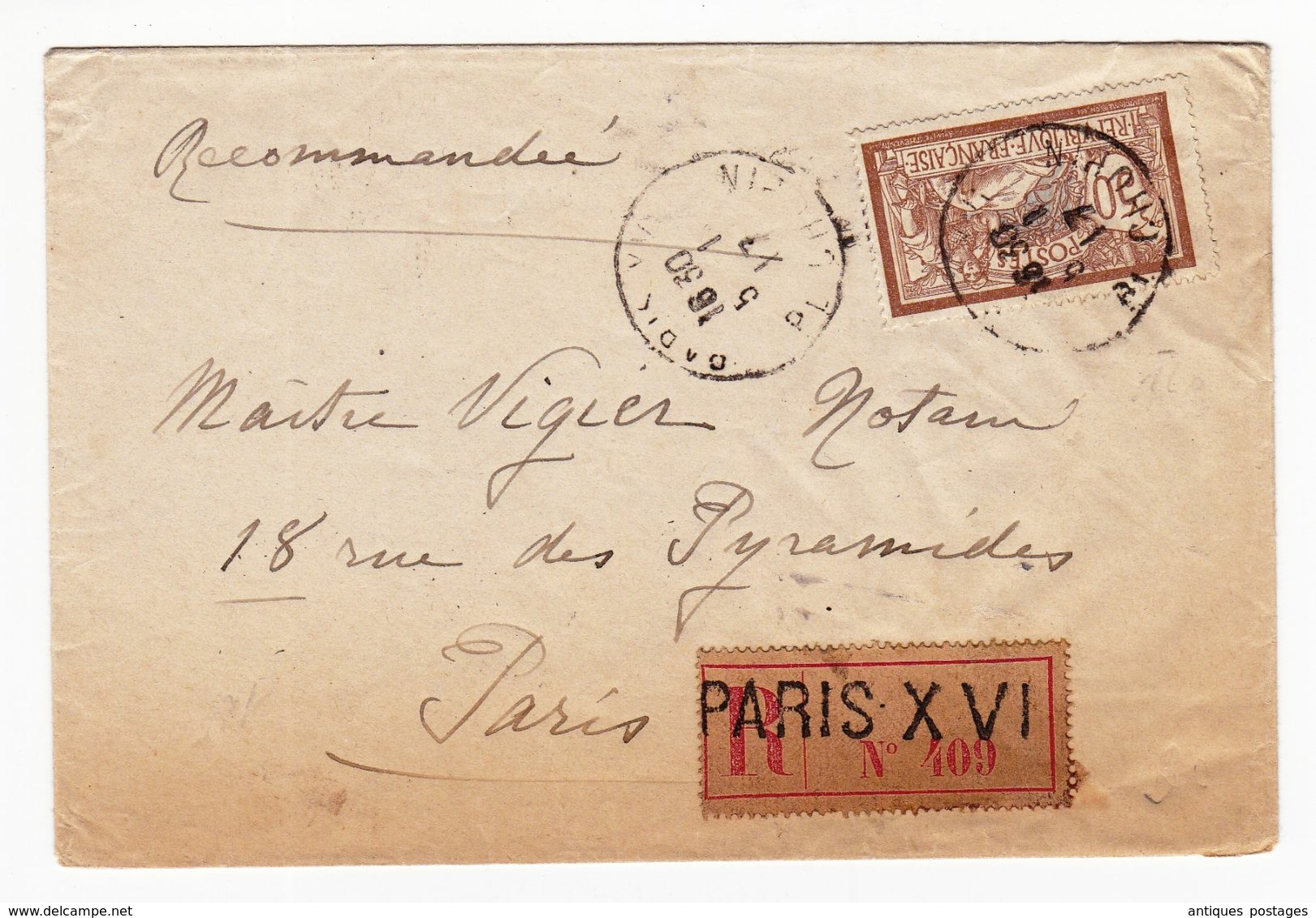 Lettre Recommandée 1901 Paris Timbre Merson 50 Centimes - 1900-27 Merson