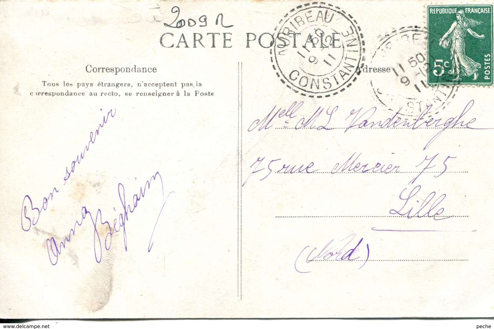 N°2009 R -cachet Double Cercle Pointillé (perlé) Constantine -1911- - 1877-1920: Semi Modern Period