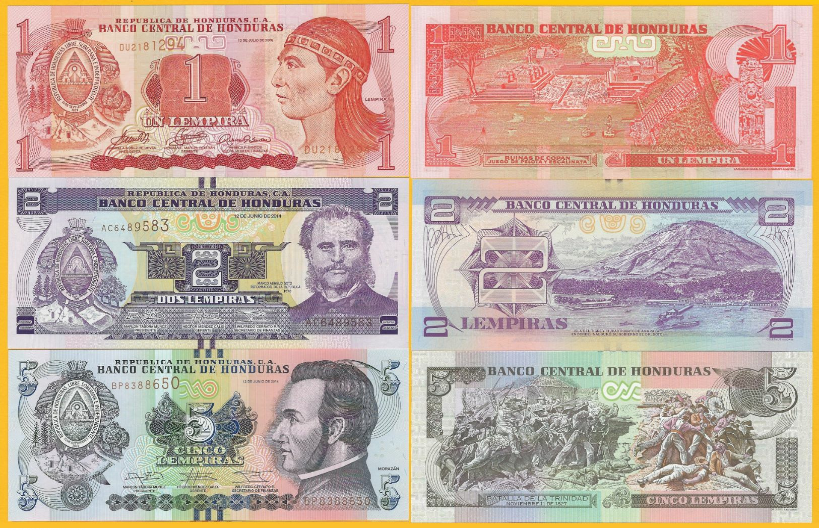 Honduras Set 1, 2, 5 Lempiras 2006-2014 UNC Banknotes - Honduras