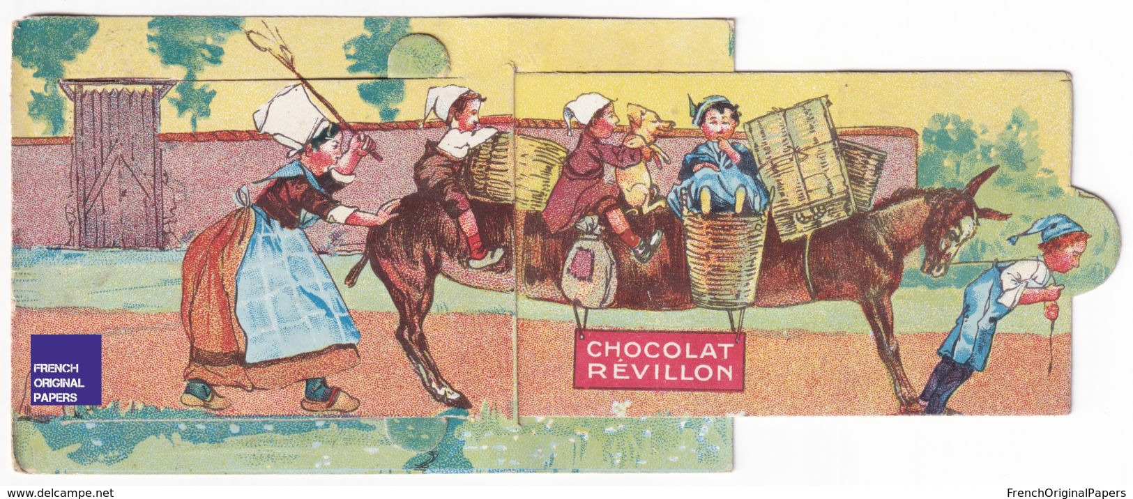 Rare Chromo à Système Chocolat Révillon Thème âne Mule Cochon Enfant Bonnet D' Campagne Ferme - Donkey Pig Farmer A39-17 - Revillon