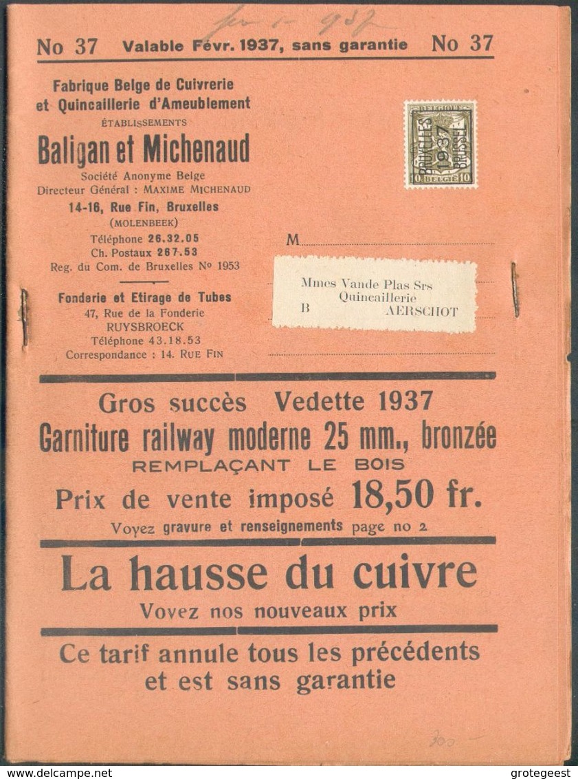 10 C. PREO Petit Sceau De L'ETAT 1937 Surcharge BRUXELLES 1937  BRUSSEL Sur Livre Publicitaire Baligan Et Michenaud Ruys - Typos 1936-51 (Kleines Siegel)