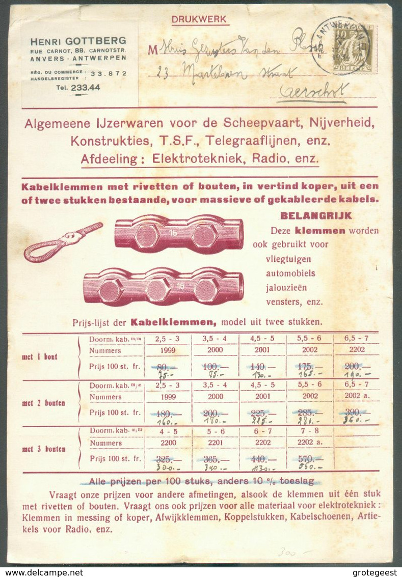 10 C. Cérès Obl. Sc ANTWERPEN 10 24-X-1934 Sur Carte Folio Publicitaire Henri GOTTBERG (articles En Fer, Métaux Pour Bat - 1932 Ceres En Mercurius