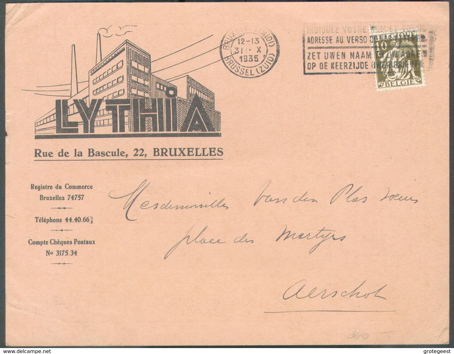 10 C. Cérès Obl. Dc BRUXELLES MIDI  31-X-1935 Sur Carte Publicitaire LYTHIA (Plombs à Sceller Fils à Plombs .. - 15875 - 1932 Ceres And Mercurius