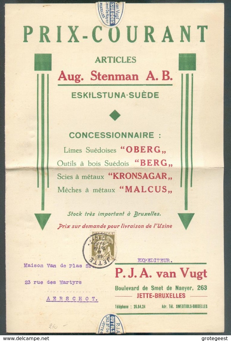 10 C. Cérès Obl. Sc JETTE 18-II-1935 Sur Carte Folio Double Publicitaire A. Steenman (limes OBERG Outils à Bois BERG Sci - 1932 Ceres Y Mercurio