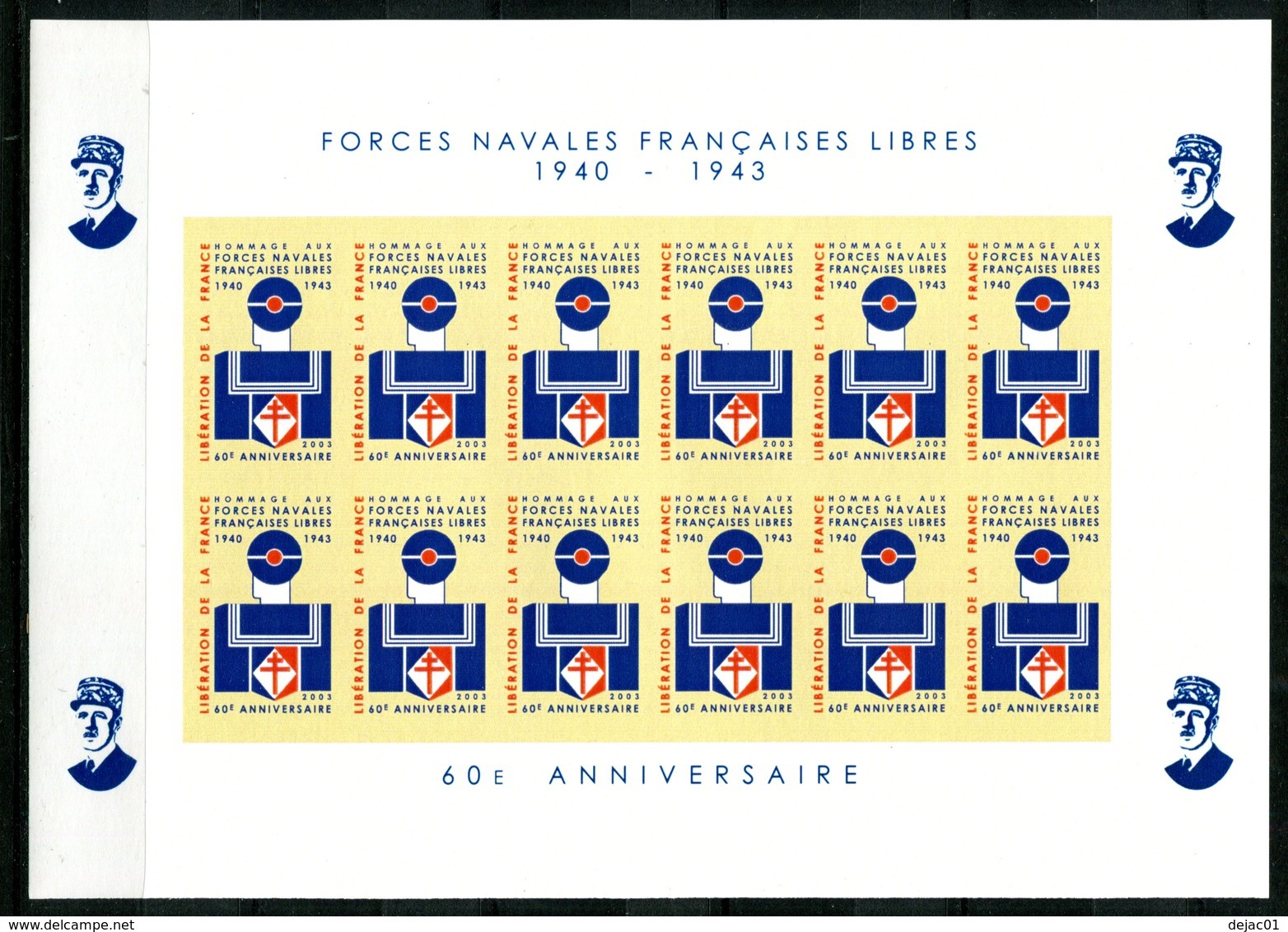 Thème Général De Gaulle - Bloc Feuillet ND 12 Vignettes Forces Navales Françaises Libres 1943-2003 - Lot 231 - De Gaulle (General)