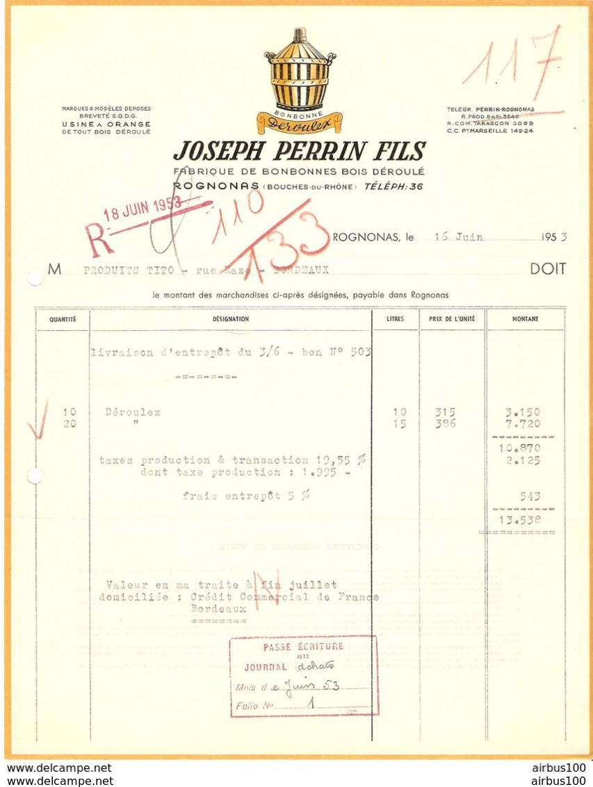 FACTURE 1953 JOSEPH PERRIN ROGNONNAS BONBONNE EN BOIS DÉROULÉ DEROULEX - USINE A ORANGE - Droguerie & Parfumerie