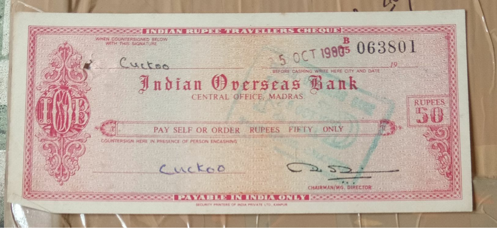 P)..Traveller Cheque..India Inde ..(used) - Cheques & Traveler's Cheques