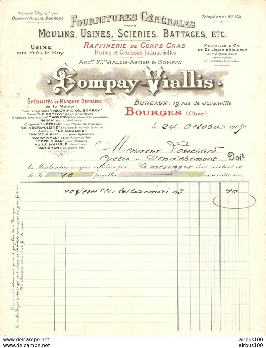 FACTURE 1907 BOMPAY VIALLIS BOURGES CHER RAFFINERIE DE CORPS GRAS MOULINS USINES SCIERIES BATTAGES - Droguerie & Parfumerie