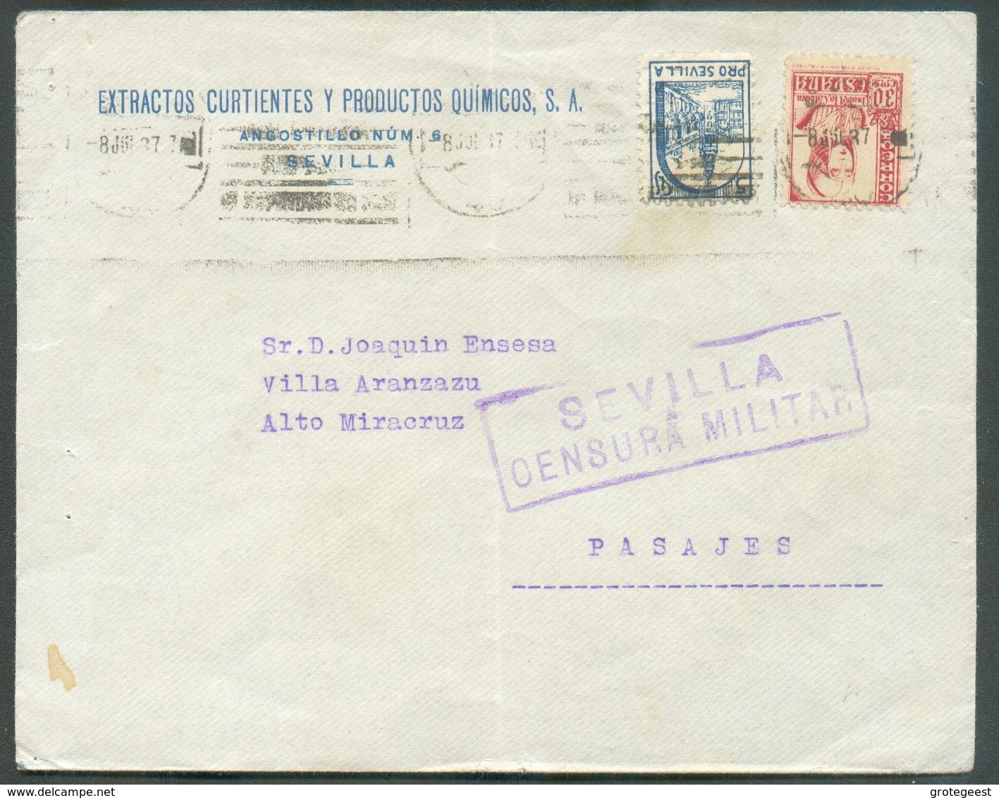 Enveloppe De SEVILLA Le 8 Juillet 1937 + Griffe SEVILLA CENSURA MILITAR Vers Pasajes - TB - 15889 - Marcas De Censura Nacional
